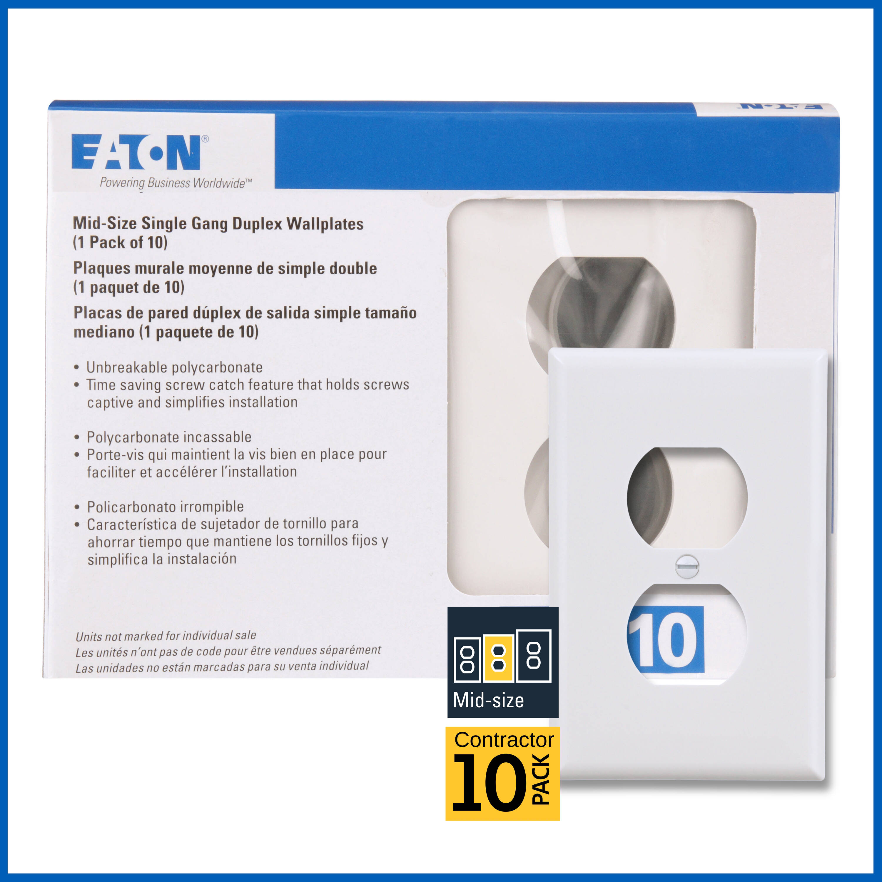 1 -Gang Midsize Size White Polycarbonate Indoor Duplex Wall Plate 10 -Pack